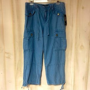 NWT Ralph Lauren Blue Cotton Linen Blend Drawstring Cargo Capri Pants Sz 6